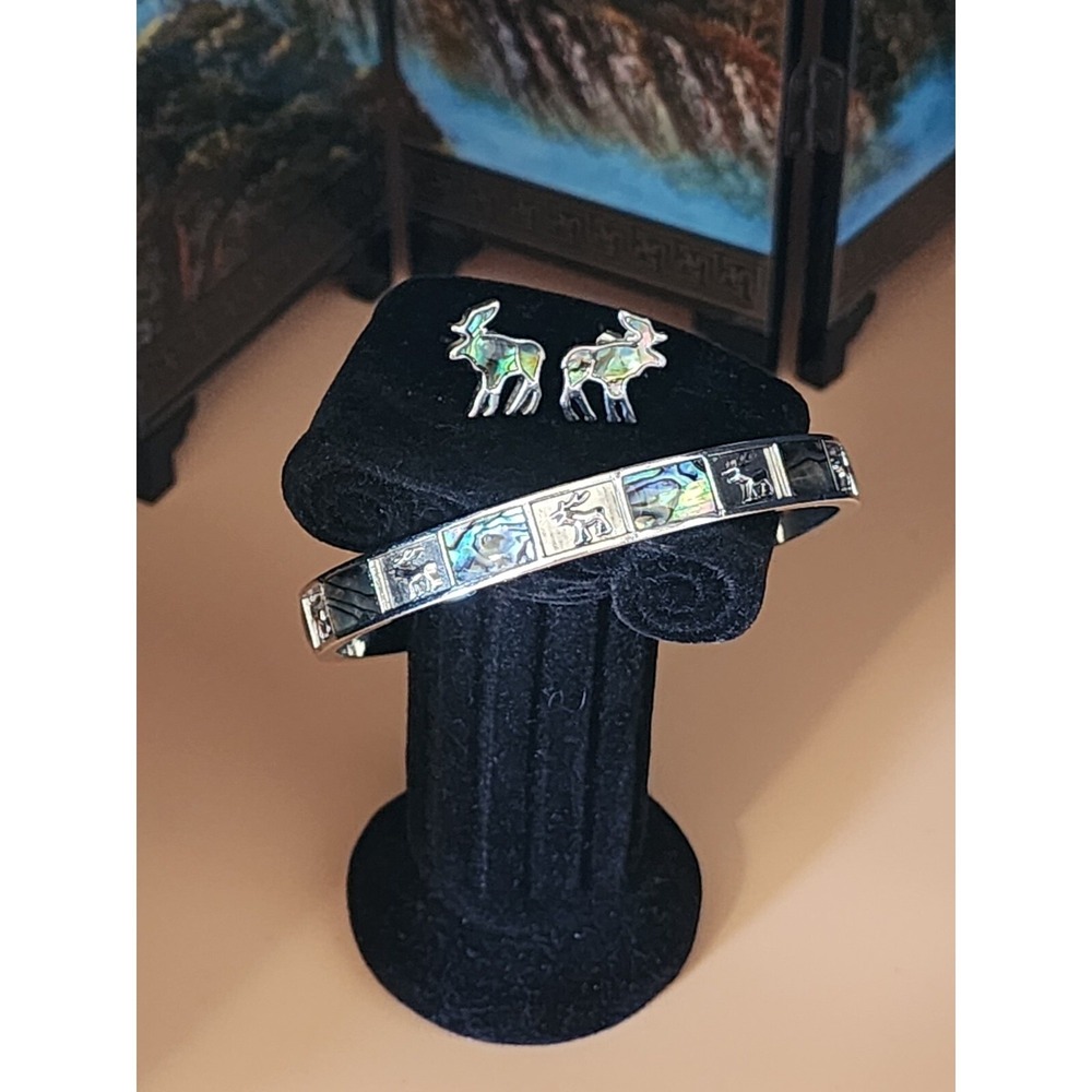 Elk Wapiti Bracelet‎ & Earrings Set Abalone Shell Inlay Silver 7.75" FREE $HIP
